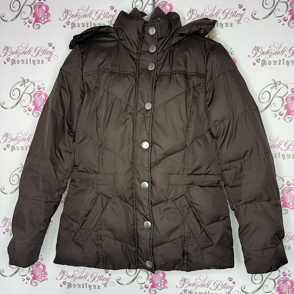 Espirit jacket coat down feather filled brown waist cinch inside button up fur